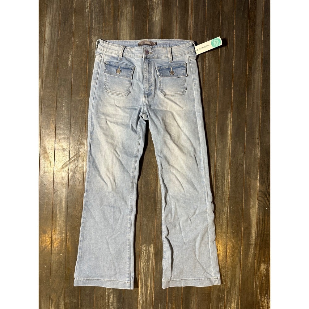 Just USA Stitch Fix Light Wash Flare Jeans High Rise Patch Pocket Blue